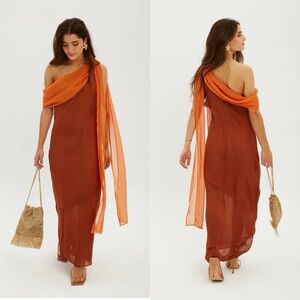 Vanderwilde Galdana Maxi Dress Chiffon Asymmetrical Caldera Rust Orange 36 NWT